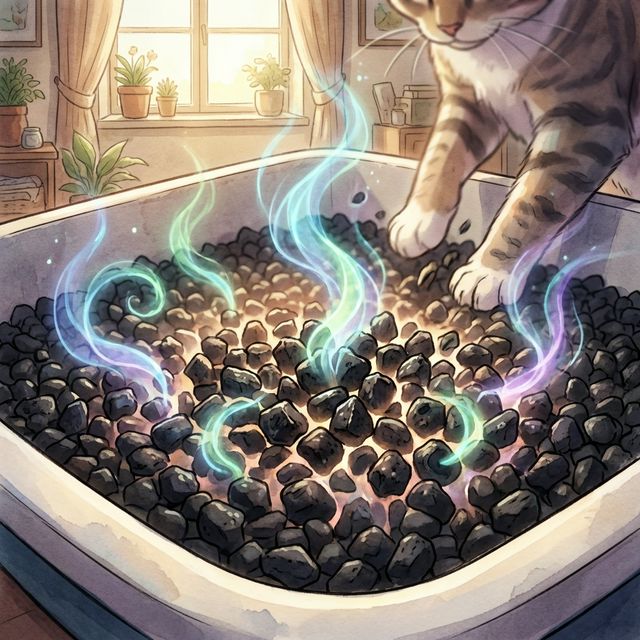 Glowing odor molecules safely trapped by dark, porous activated carbon granules inside a litter box