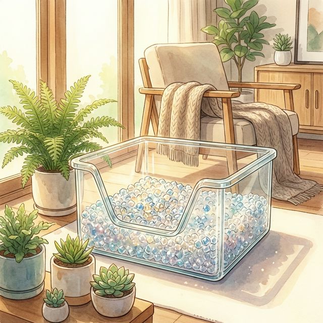 A pristine crystal cat litter box setup in a modern home letting in sunlight