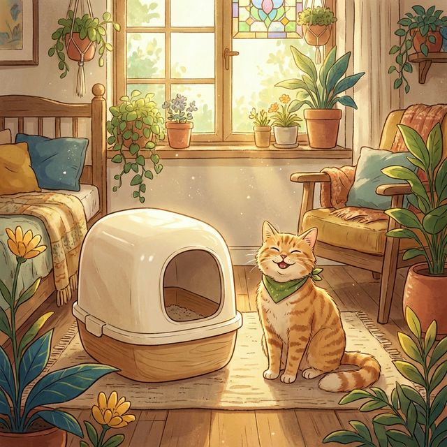 A happy orange tabby cat sitting proudly next to a fresh, clean litter box in a sunlit room